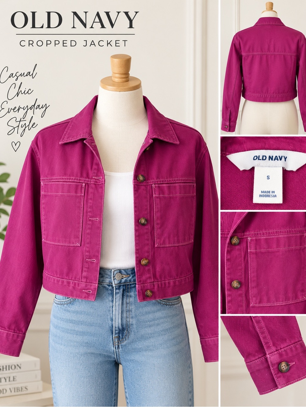 Old Navy Magenta Pink Cropped Denim Utility Jacket NWT Size S
